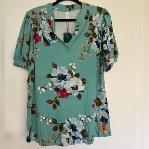 Women’s Teal Green Tunic Floral Top XL Vneck NWT